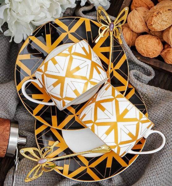 Modern Coffee Cup and Saucer, Elegant Ceramic Cups, Creative Bone China Porcelain Tea Cup Set, Beautiful British Tea Cups-Art Painting Canvas