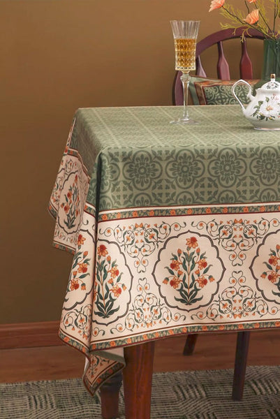Rectangle Table Cover Ideas for Dining Table, Square Tablecloth for Round Table, Green Flower Pattern Table Cover for Kitchen, Outdoor Picnic Tablecloth-Art Painting Canvas