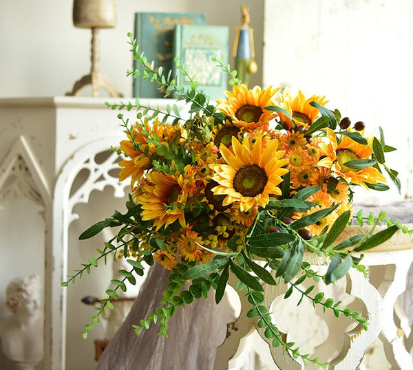 Large Bunch of Yellow Sunflowers, Unique Floral Arrangement for Home Decoration, Table Centerpiece, Real Touch Artificial Flowers for Living Room-Art Painting Canvas