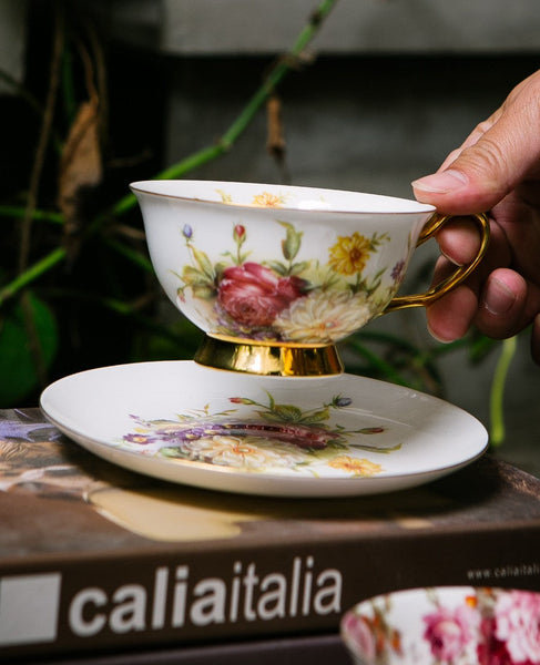 Elegant Rose Flower Ceramic Cups, Unique Royal Coffee Cup and Saucer, Creative Bone China Porcelain Tea Cup Set, Beautiful British Tea Cups-Art Painting Canvas