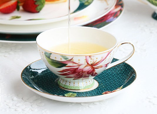 Lotus Flower Bone China Porcelain Tea Cup Set, Elegant Ceramic Coffee Cups, Beautiful British Tea Cups, Traditional English Tea Cups and Saucers-Art Painting Canvas