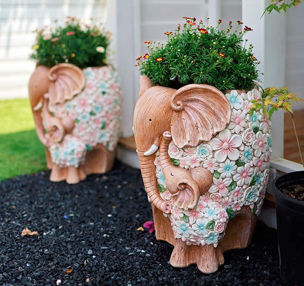Beautiful Elephant Flowerpot, Modern Garden Flower Pot, Unique Animal Statue for Garden Ornaments, Resin Statue for Garden, Villa Outdoor Decor Gardening Ideas-Art Painting Canvas