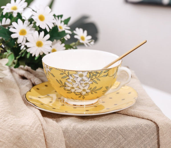 Creative Yellow Ceramic Coffee Cups, Unique Flower Coffee Cups and Saucers, Beautiful British Tea Cups, Creative Bone China Porcelain Tea Cup Set-Art Painting Canvas