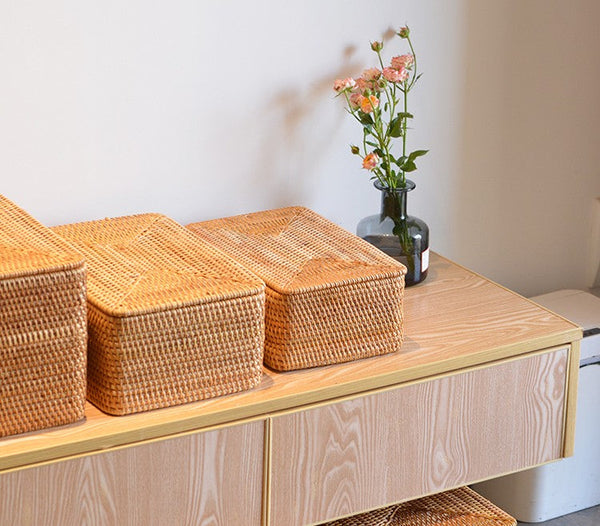 Storage Baskets with Lid, Rectangular Storage Baskets, Storage Baskets for Clothes, Pantry Storage Baskets, Rattan Woven Storage Basket for Bedroom-Art Painting Canvas