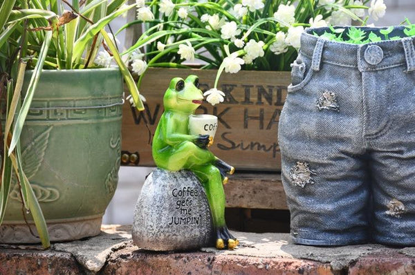 Frog Drinking Coffee Statue for Garden, Animal Statue for Garden Courtyard Ornament, Villa Outdoor Decor Gardening Ideas-Art Painting Canvas