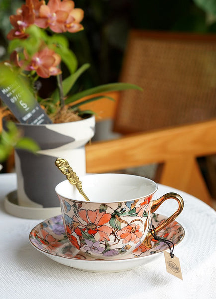 Elegant Ceramic Coffee Cups, Flower Bone China Porcelain Tea Cup Set, British Royal Ceramic Cups for Afternoon Tea, Unique Tea Cup and Saucer in Gift Box-Art Painting Canvas