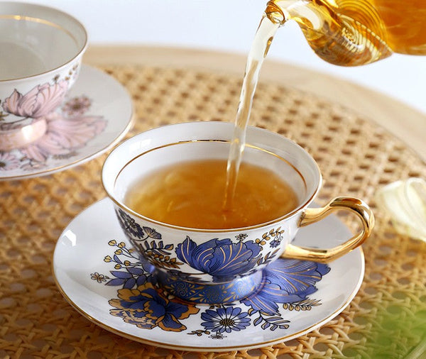 Elegant Ceramic Coffee Cups, Afternoon British Tea Cups, Unique Iris Flower Tea Cups and Saucers in Gift Box, Royal Bone China Porcelain Tea Cup Set-Art Painting Canvas