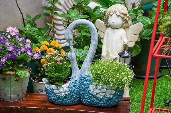 Large Mother and Baby Swans for Garden, Swan Flowerpot, Animal Statue for Garden Courtyard Ornament, Villa Outdoor Decor Gardening Ideas-Art Painting Canvas
