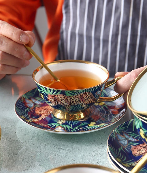 Creative Leopard Ceramic Coffee Cups, Unique Tea Cups and Saucers in Gift Box as Birthday Gift, Beautiful British Tea Cups, Creative Bone China Porcelain Tea Cup Set-Art Painting Canvas