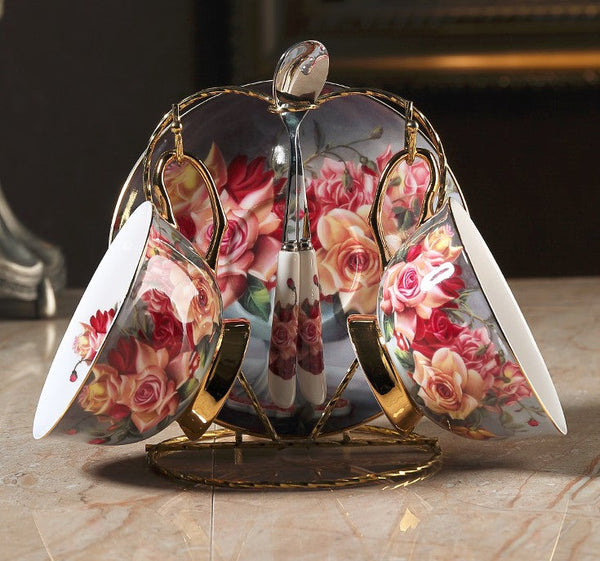 Ceramic Tea Cups and Saucers in Gift Box, Rose Flower Royal Bone China Porcelain Tea Cup Set, Elegant Ceramic Coffee Cups, Beautiful British Tea Cups-Art Painting Canvas