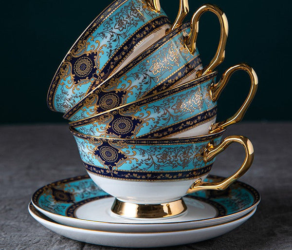 Unique Tea Cup and Saucer in Gift Box, Elegant British Ceramic Coffee Cups, Bone China Porcelain Tea Cup Set for Office-Art Painting Canvas