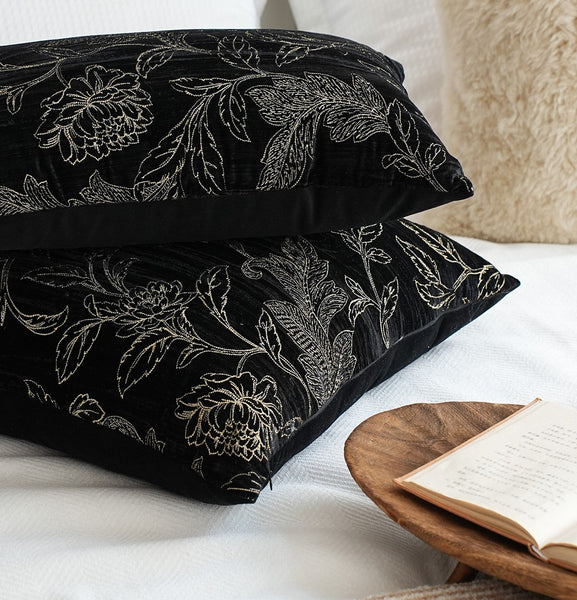 Contemporary Modern Sofa Pillows, Black Embroidery Flower Pattern Pillows for Couch, Decorative Throw Pillows for Bedroom, Large Modern Sofa Pillow for Dining Room-Art Painting Canvas