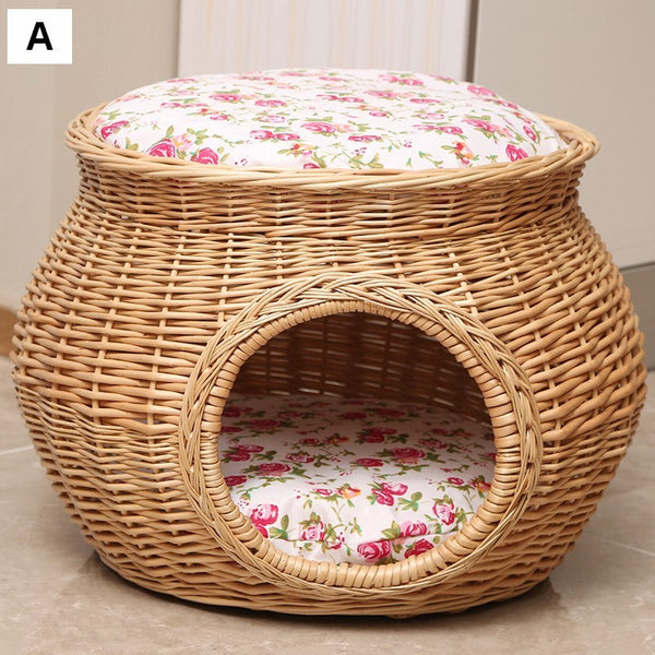 Wicker Cat House Basket with Washable Cushion for Indoor Cats and Dogs, Rattan Cat Bed-Art Painting Canvas