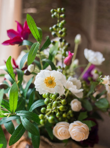 Clematis, Olive Branch, Sweet Alyssum, Corn poppy, Cranberry, Iceberg Rose Flowers, Unique Flower Arrangement for Home Decoration, Beautiful Artificial Flowers for Living Room-Art Painting Canvas