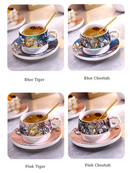 Creative Ceramic Tea Cups and Saucers, Jungle Tiger Cheetah Porcelain Coffee Cups, Unique Ceramic Cups with Gold Trim and Gift Box-Art Painting Canvas