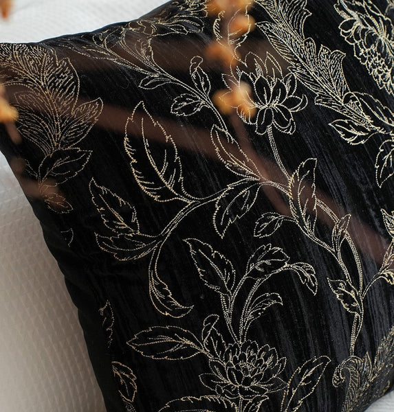 Contemporary Modern Sofa Pillows, Black Embroidery Flower Pattern Pillows for Couch, Decorative Throw Pillows for Bedroom, Large Modern Sofa Pillow for Dining Room-Art Painting Canvas