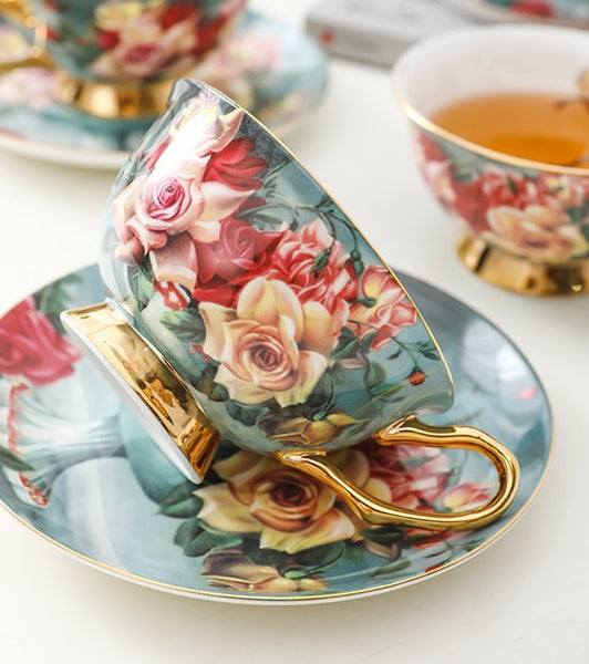 Rose Royal Ceramic Cups, Elegant Flower Ceramic Coffee Cups, Afternoon Bone China Porcelain Tea Cup Set, Unique Tea Cups and Saucers in Gift Box-Art Painting Canvas