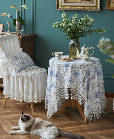 Flower Lace Tablecloth for Dining Room Table, Natural Spring Farmhouse Rectangle Table Cloth for Home Decoration, Square Tablecloth for Round Table-Art Painting Canvas