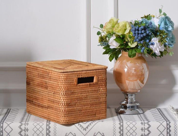 Rectangular Storage Basket with Lid, Woven Rattan Storage Basket for Shelves, Storage Baskets for Bedroom, Pantry Storage Baskets-Art Painting Canvas