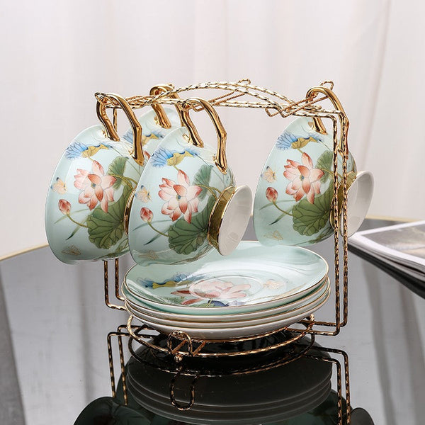 Unique British Tea Cup and Saucer in Gift Box, Lotus Flower Bone China Porcelain Tea Cup Set, Elegant British Ceramic Coffee Cups-Art Painting Canvas