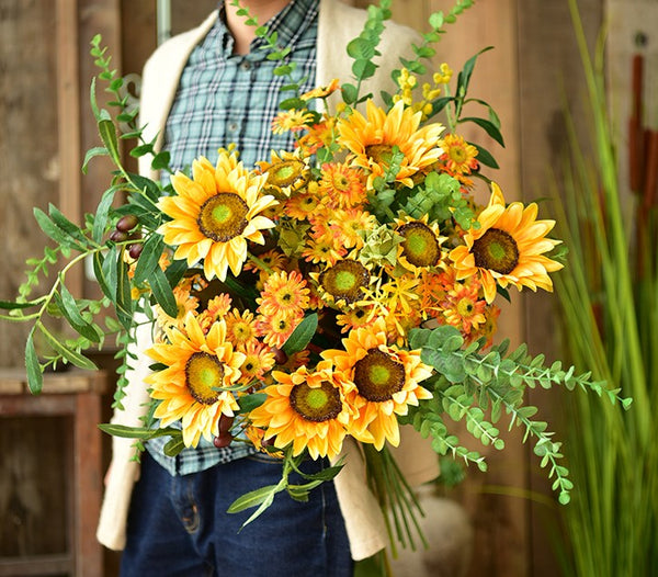 Large Bunch of Yellow Sunflowers, Unique Floral Arrangement for Home Decoration, Table Centerpiece, Real Touch Artificial Flowers for Living Room-Art Painting Canvas