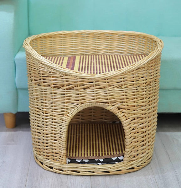 Washable Wicker Cat Bed, Wicker Cat House with Washable Cushion for Indoor Cats and Dogs-Art Painting Canvas