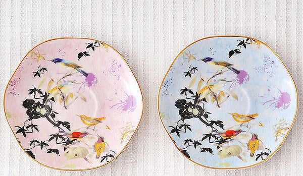 Unique Bird Flower Tea Cups and Saucers in Gift Box as Birthday Gift, Elegant Ceramic Coffee Cups, Afternoon British Tea Cups, Royal Bone China Porcelain Tea Cup Set-Art Painting Canvas