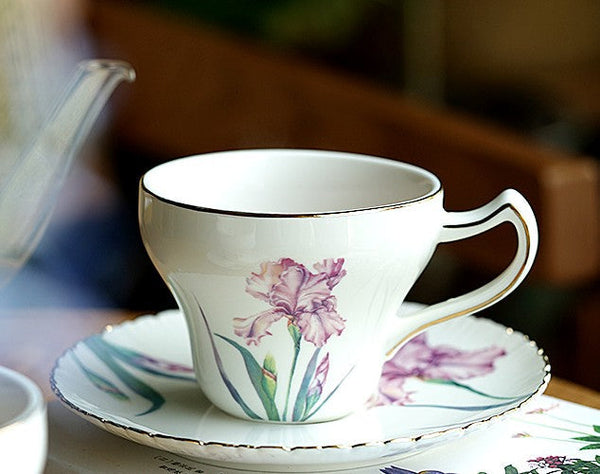 Iris Flower British Tea Cups, Beautiful Bone China Porcelain Tea Cup Set, Traditional English Tea Cups and Saucers, Unique Ceramic Coffee Cups in Gift Box-Art Painting Canvas