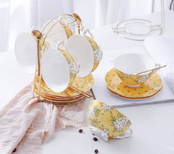 Creative Yellow Ceramic Coffee Cups, Unique Flower Coffee Cups and Saucers, Beautiful British Tea Cups, Creative Bone China Porcelain Tea Cup Set-Art Painting Canvas