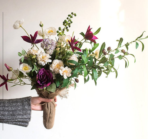 Clematis, Olive Branch, Sweet Alyssum, Corn poppy, Cranberry, Iceberg Rose Flowers, Unique Flower Arrangement for Home Decoration, Beautiful Artificial Flowers for Living Room-Art Painting Canvas