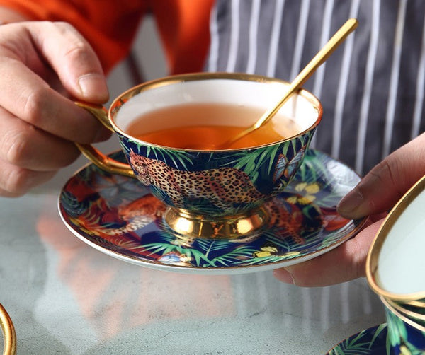 Creative Leopard Ceramic Coffee Cups, Unique Tea Cups and Saucers in Gift Box as Birthday Gift, Beautiful British Tea Cups, Creative Bone China Porcelain Tea Cup Set-Art Painting Canvas