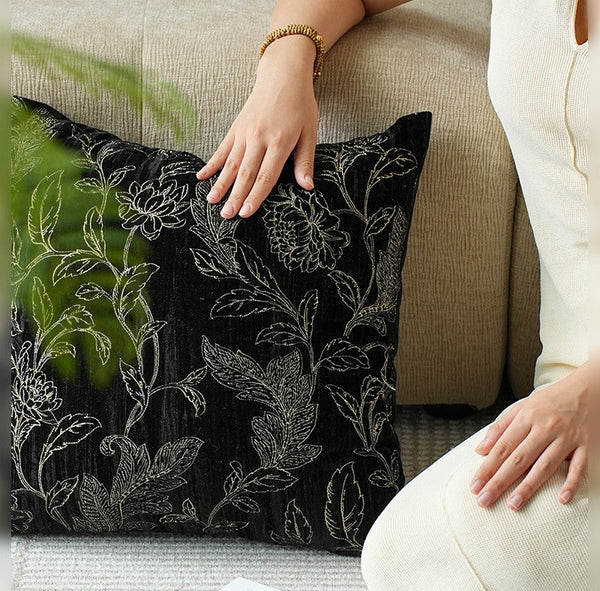 Contemporary Modern Sofa Pillows, Black Embroidery Flower Pattern Pillows for Couch, Decorative Throw Pillows for Bedroom, Large Modern Sofa Pillow for Dining Room-Art Painting Canvas
