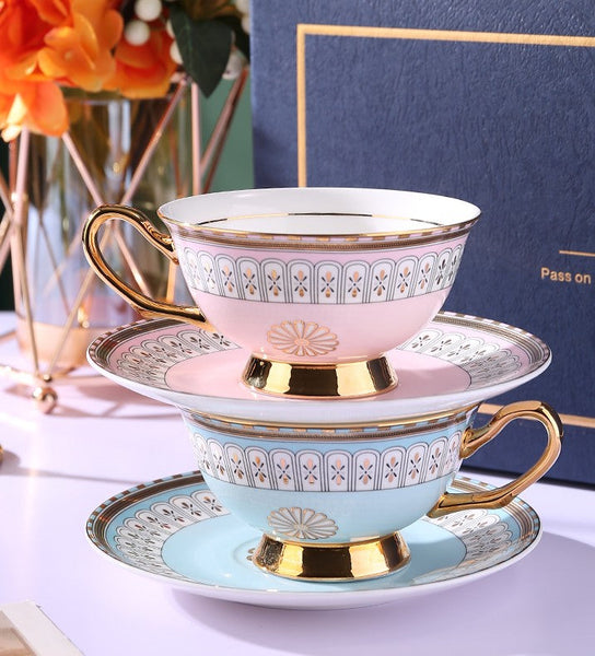 Royal Blue and Pink Bone China Porcelain Tea Cup Set, Tea Cups and Saucers in Gift Box, Elegant Ceramic Coffee Cups, Beautiful British Tea Cups-Art Painting Canvas