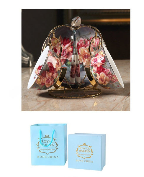 Ceramic Tea Cups and Saucers in Gift Box, Rose Flower Royal Bone China Porcelain Tea Cup Set, Elegant Ceramic Coffee Cups, Beautiful British Tea Cups-Art Painting Canvas