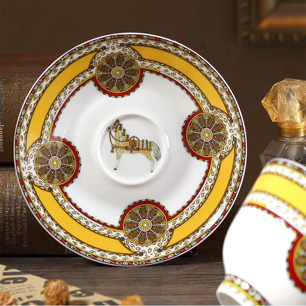 Handmade Beautiful British Tea Cups, Creative Bone China Porcelain Tea Cup Set, Yellow Royal Ceramic Coffee Cups, Unique Tea Cups and Saucers-Art Painting Canvas