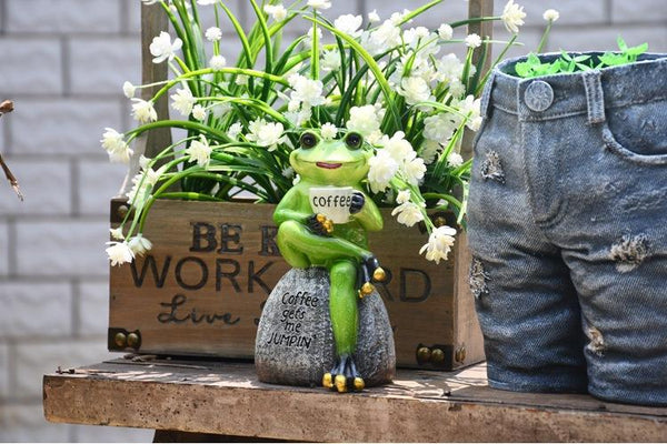 Frog Drinking Coffee Statue for Garden, Animal Statue for Garden Courtyard Ornament, Villa Outdoor Decor Gardening Ideas-Art Painting Canvas