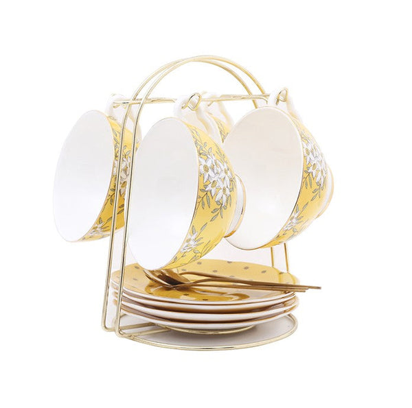 Creative Yellow Ceramic Coffee Cups, Unique Flower Coffee Cups and Saucers, Beautiful British Tea Cups, Creative Bone China Porcelain Tea Cup Set-Art Painting Canvas