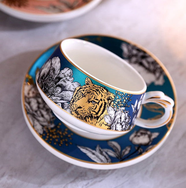 Creative Ceramic Tea Cups and Saucers, Jungle Tiger Cheetah Porcelain Coffee Cups, Unique Ceramic Cups with Gold Trim and Gift Box-Art Painting Canvas