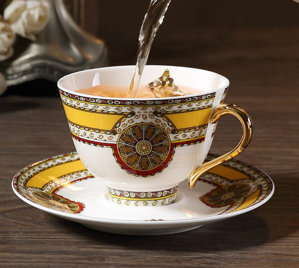 Handmade Beautiful British Tea Cups, Creative Bone China Porcelain Tea Cup Set, Yellow Royal Ceramic Coffee Cups, Unique Tea Cups and Saucers-Art Painting Canvas