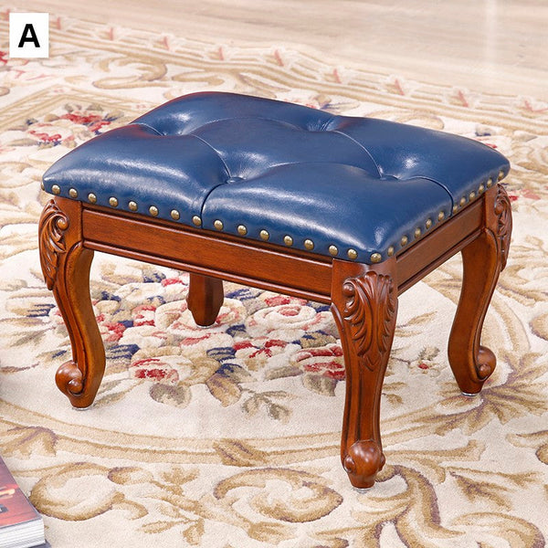 Vanity Stool, Genuine Leather Solid Wood Entry Bench, Solid Wood Ottoman, Rubberwood Entry Bench, Vintage Entry Stool-Art Painting Canvas