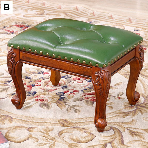 Vanity Stool, Genuine Leather Solid Wood Entry Bench, Solid Wood Ottoman, Rubberwood Entry Bench, Vintage Entry Stool-Art Painting Canvas