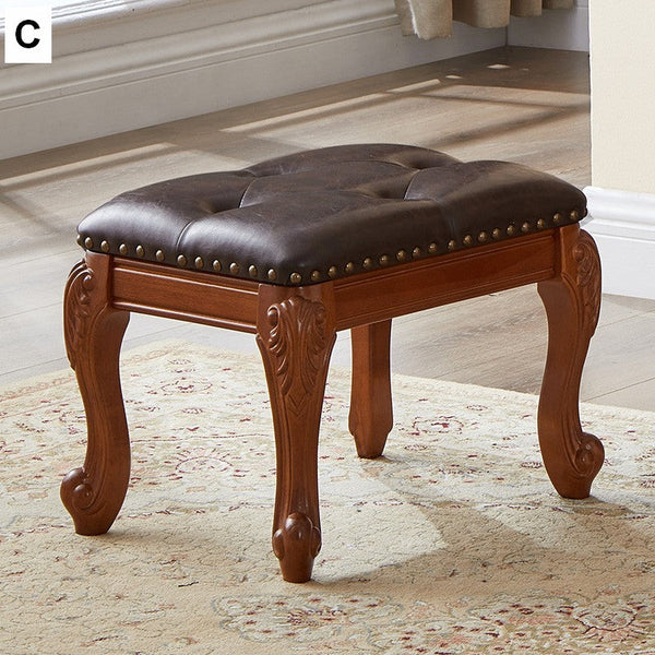 Vanity Stool, Genuine Leather Solid Wood Entry Bench, Solid Wood Ottoman, Rubberwood Entry Bench, Vintage Entry Stool-Art Painting Canvas