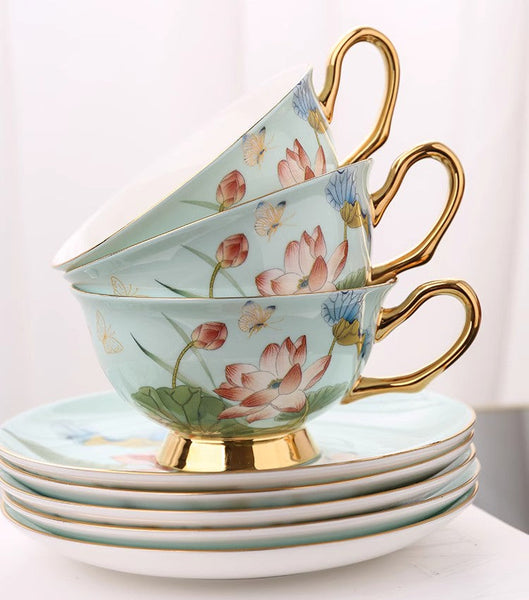 Unique British Tea Cup and Saucer in Gift Box, Lotus Flower Bone China Porcelain Tea Cup Set, Elegant British Ceramic Coffee Cups-Art Painting Canvas