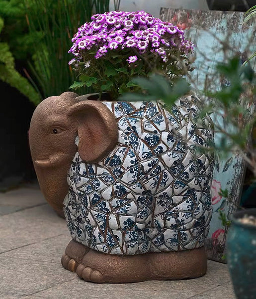 Large Garden Flower Pot, Elephant Flowerpot, Unique Garden Flowerpot, Resin Statue for Garden, Modern Animal Statue for Garden Ornaments, Villa Outdoor Decor Gardening Ideas-Art Painting Canvas