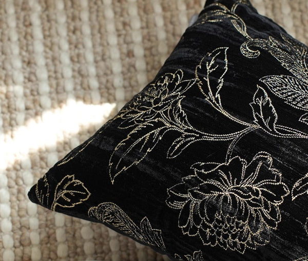 Contemporary Modern Sofa Pillows, Black Embroidery Flower Pattern Pillows for Couch, Decorative Throw Pillows for Bedroom, Large Modern Sofa Pillow for Dining Room-Art Painting Canvas