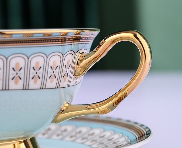 Royal Blue and Pink Bone China Porcelain Tea Cup Set, Tea Cups and Saucers in Gift Box, Elegant Ceramic Coffee Cups, Beautiful British Tea Cups-Art Painting Canvas