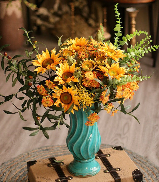 Large Bunch of Yellow Sunflowers, Unique Floral Arrangement for Home Decoration, Table Centerpiece, Real Touch Artificial Flowers for Living Room-Art Painting Canvas