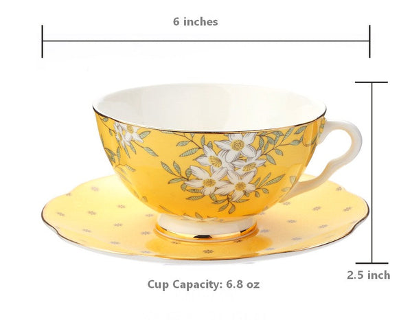 Creative Yellow Ceramic Coffee Cups, Unique Flower Coffee Cups and Saucers, Beautiful British Tea Cups, Creative Bone China Porcelain Tea Cup Set-Art Painting Canvas