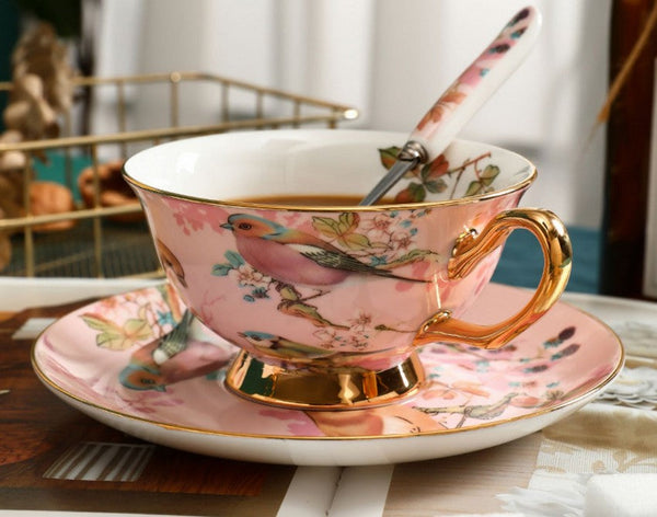 Unique Tea Cup and Saucer in Gift Box, Lovely Birds Ceramic Cups, Elegant Ceramic Coffee Cups, Afternoon Bone China Porcelain Tea Cup Set-Art Painting Canvas