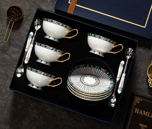 Unique Tea Cup and Saucer in Gift Box, Elegant British Ceramic Coffee Cups, Bone China Porcelain Tea Cup Set for Office, Green Ceramic Cups-Art Painting Canvas